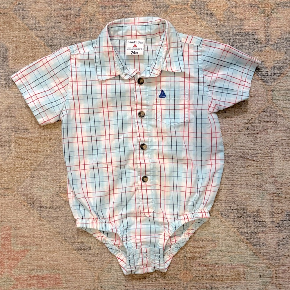 Land’ n Sea Short Sleeve Plaid Button Down Onesie